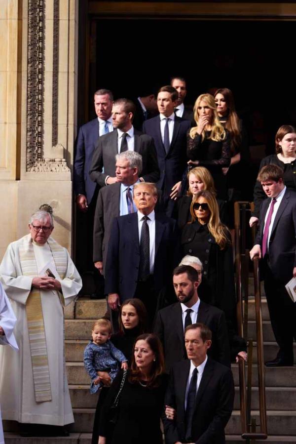 Do<em></em>nald Trump with his children and their spouses walk down the stairs of the church after the funeral service of his sister Maryanne Trump Barry.