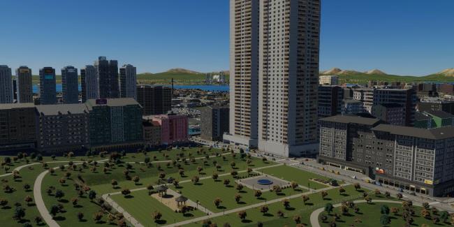 cities skylines 2 custom park with skyscrapers in background