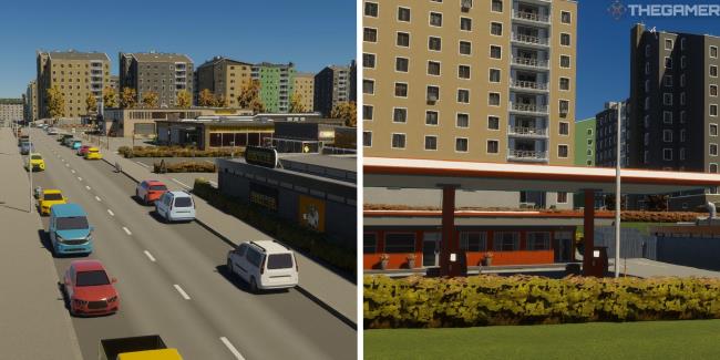 cities skylines 2 split image of stores on a street next to close up of gas station
